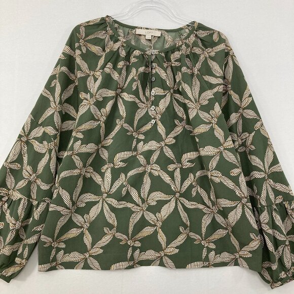 LOFT sz XL Green Tan Floral Abstract Balloon Sleeve Button Popover Blouse Office - Picture 1 of 9